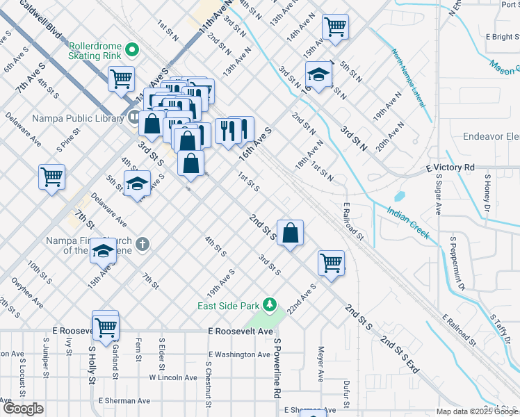 map of restaurants, bars, coffee shops, grocery stores, and more near 204 18th Avenue South in Nampa