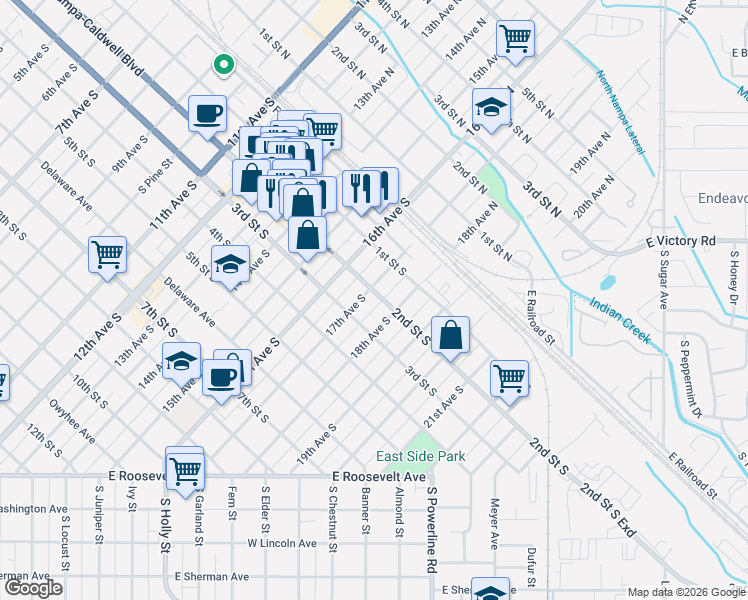 map of restaurants, bars, coffee shops, grocery stores, and more near 224 17th Avenue South in Nampa