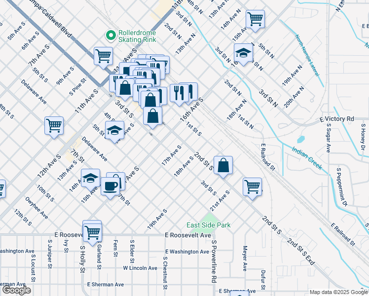 map of restaurants, bars, coffee shops, grocery stores, and more near 224 17th Avenue South in Nampa