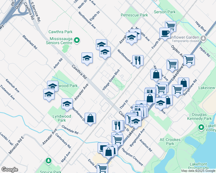 map of restaurants, bars, coffee shops, grocery stores, and more near 1109 Lower Village Crescent in Mississauga