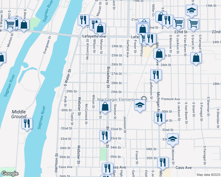 map of restaurants, bars, coffee shops, grocery stores, and more near 1403 Broadway Street in Bay City