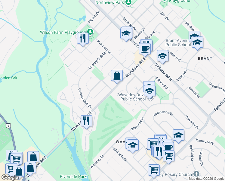 map of restaurants, bars, coffee shops, grocery stores, and more near Woodlawn Road East in Guelph
