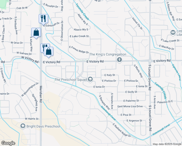 map of restaurants, bars, coffee shops, grocery stores, and more near 733 East Springloyd Street in Meridian