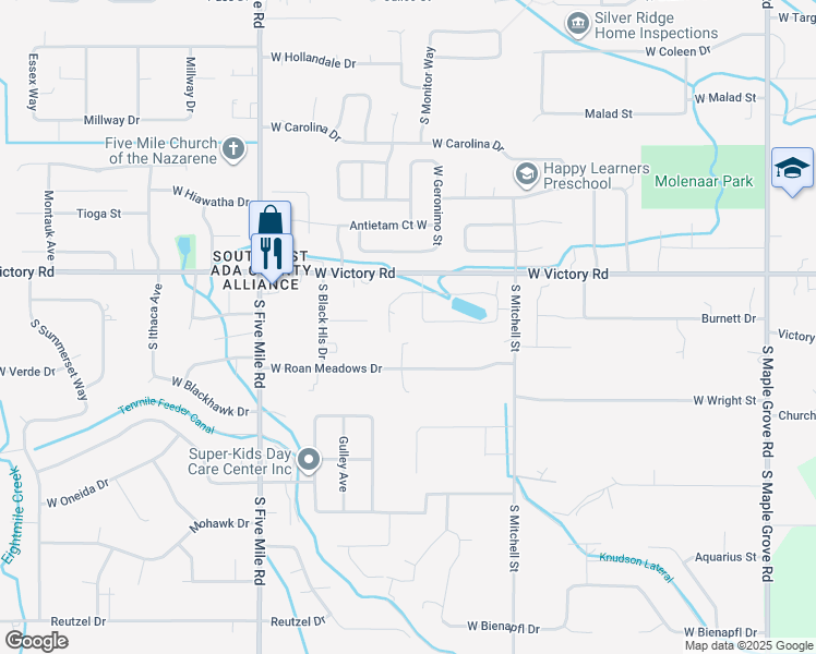 map of restaurants, bars, coffee shops, grocery stores, and more near 10151 West Victory Road in Boise