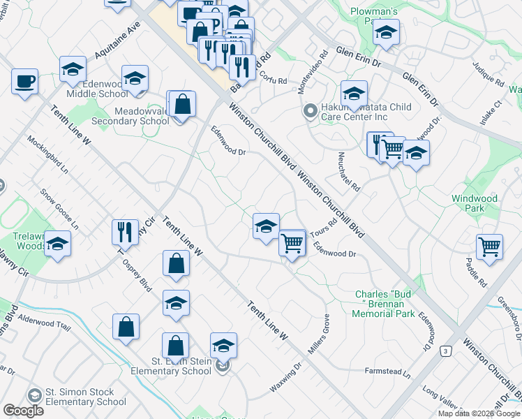 map of restaurants, bars, coffee shops, grocery stores, and more near 3102 Cantelon Crescent in Mississauga