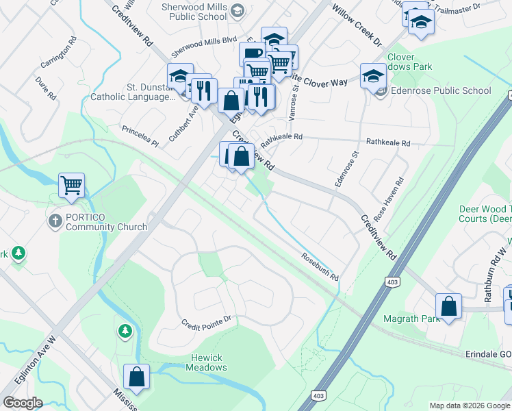 map of restaurants, bars, coffee shops, grocery stores, and more near 4882 Rosebush Road in Mississauga