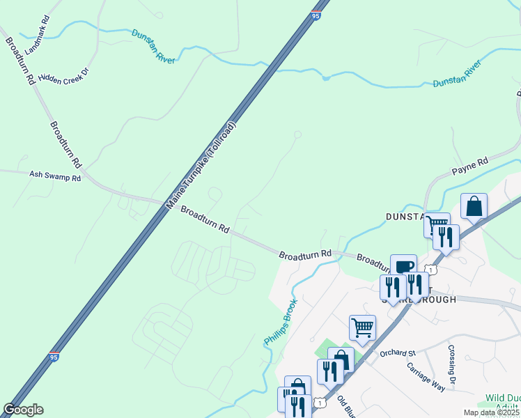 map of restaurants, bars, coffee shops, grocery stores, and more near 1 Saratoga Lane in Scarborough