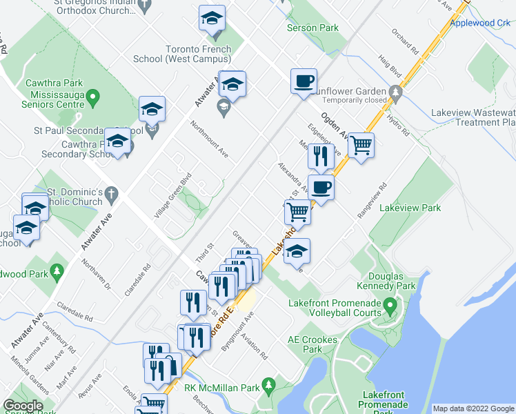 map of restaurants, bars, coffee shops, grocery stores, and more near in Mississauga