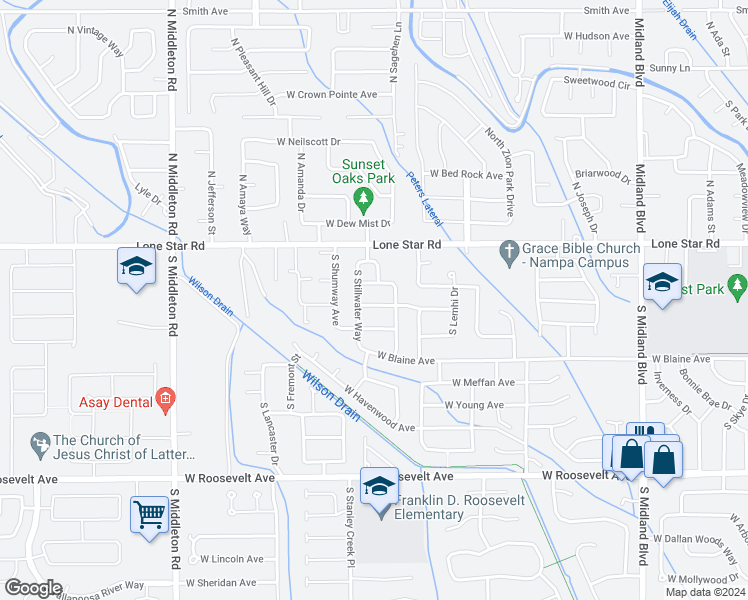 map of restaurants, bars, coffee shops, grocery stores, and more near 1858 West Shoshone Avenue in Nampa