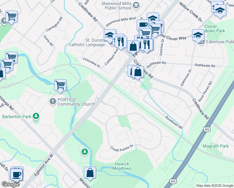 map of restaurants, bars, coffee shops, grocery stores, and more near 1483 Ravensmoor Crescent in Mississauga