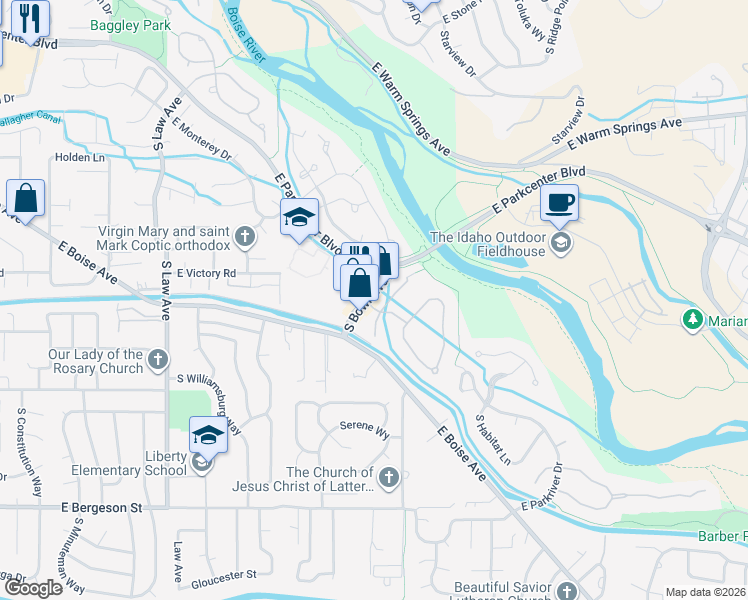 map of restaurants, bars, coffee shops, grocery stores, and more near 3047 South Bown Way in Boise
