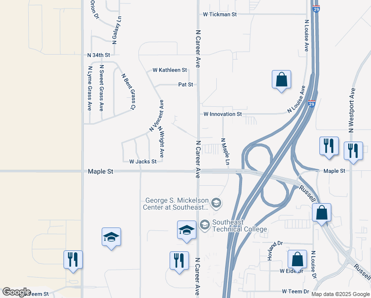 map of restaurants, bars, coffee shops, grocery stores, and more near 2501 North Career Avenue in Sioux Falls