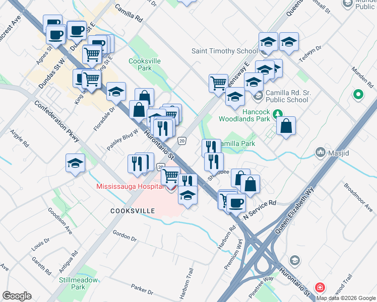 map of restaurants, bars, coffee shops, grocery stores, and more near 2247 Hurontario Street in Mississauga