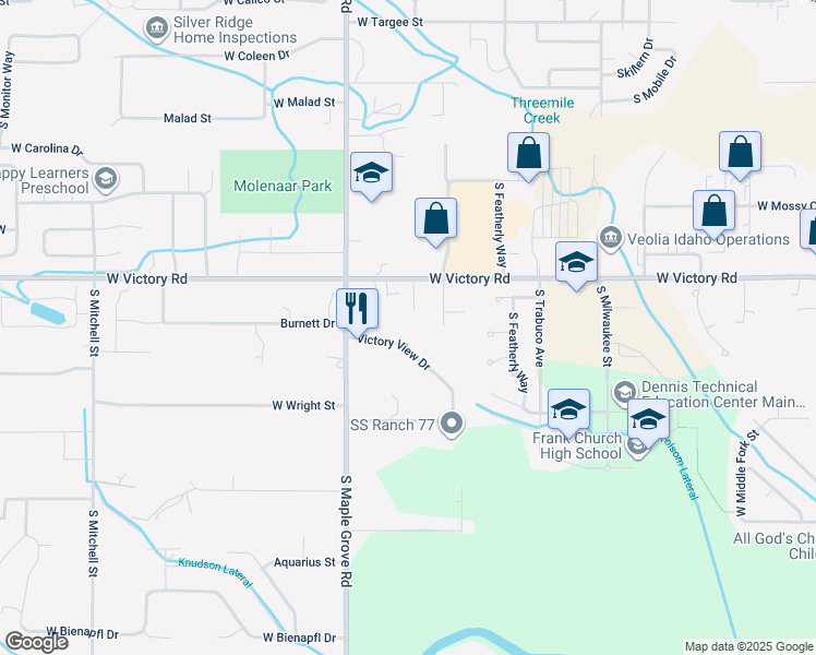 map of restaurants, bars, coffee shops, grocery stores, and more near 8811 West Victory Road in Boise