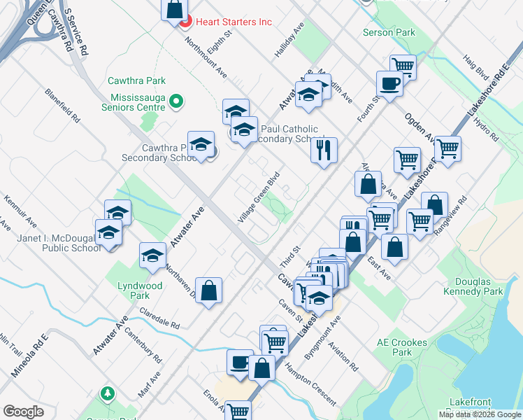 map of restaurants, bars, coffee shops, grocery stores, and more near 1150 Parkwest Place in Mississauga