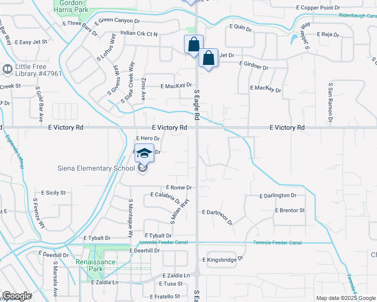 map of restaurants, bars, coffee shops, grocery stores, and more near 3412 South Milan Place in Meridian