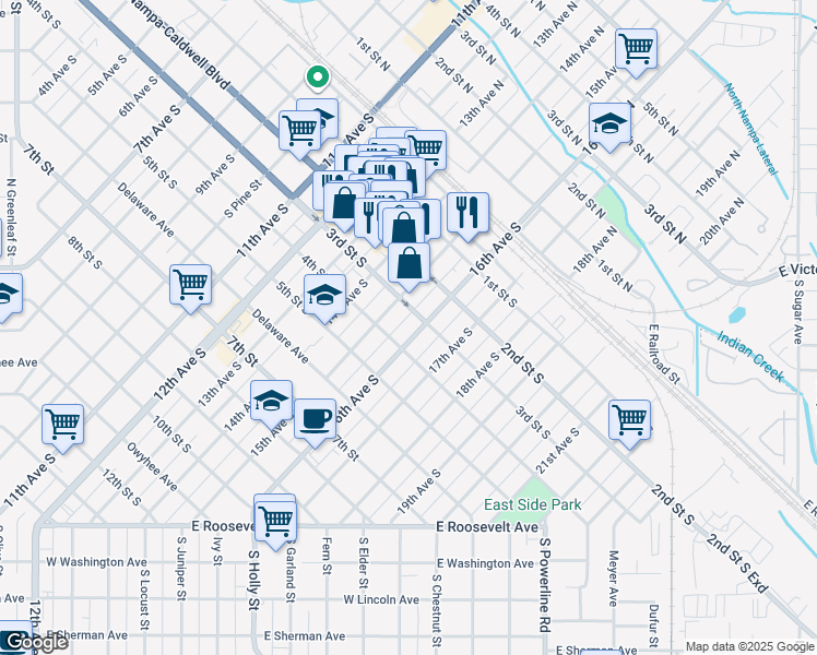 map of restaurants, bars, coffee shops, grocery stores, and more near 1417 3rd Street South in Nampa