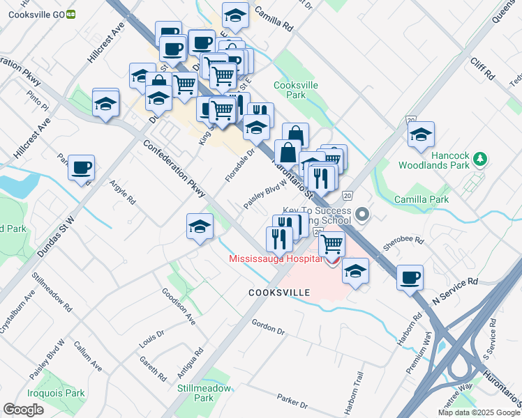 map of restaurants, bars, coffee shops, grocery stores, and more near in Mississauga