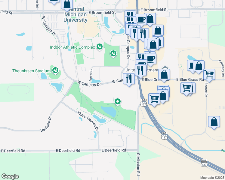 map of restaurants, bars, coffee shops, grocery stores, and more near W Campus Dr in Mt Pleasant