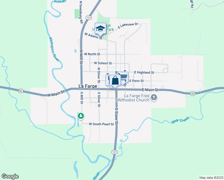 map of restaurants, bars, coffee shops, grocery stores, and more near 118 North Bird Street in La Farge