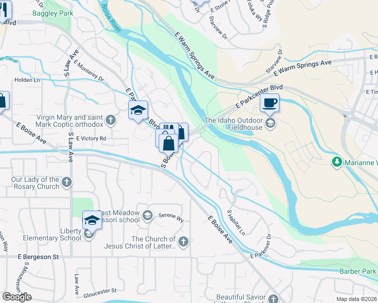 map of restaurants, bars, coffee shops, grocery stores, and more near 3047 South Bown Way in Boise