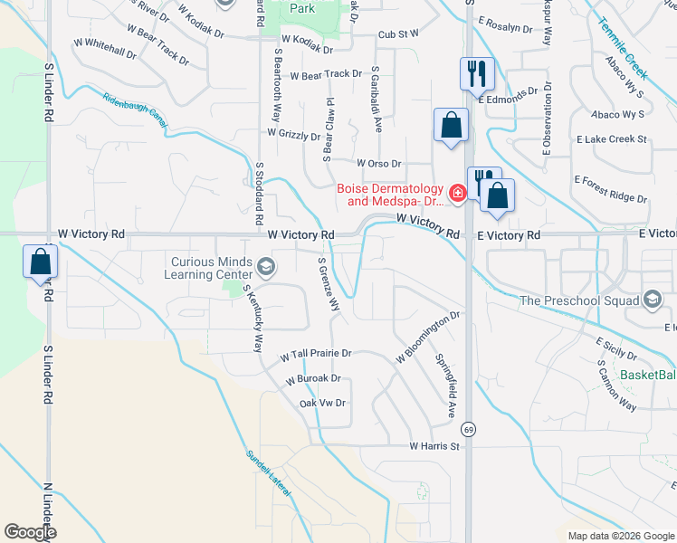 map of restaurants, bars, coffee shops, grocery stores, and more near 3314 South Grenze Way in Meridian