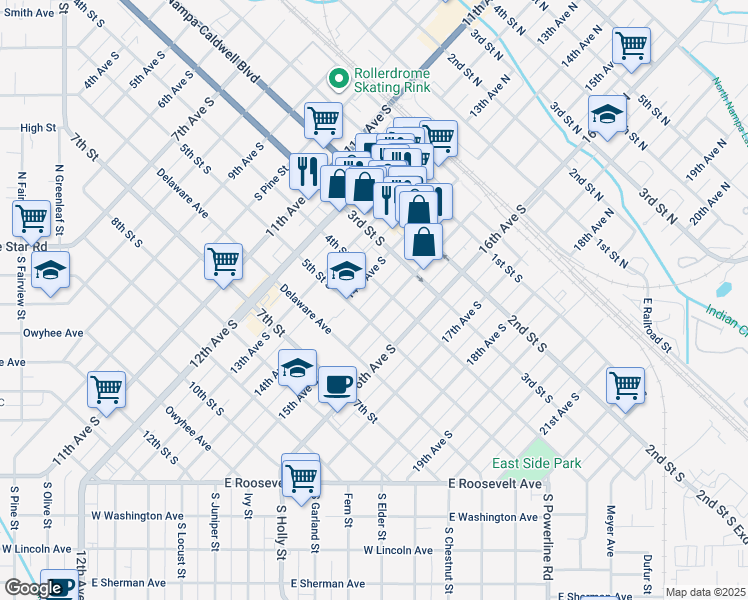 map of restaurants, bars, coffee shops, grocery stores, and more near 411 15th Avenue South in Nampa
