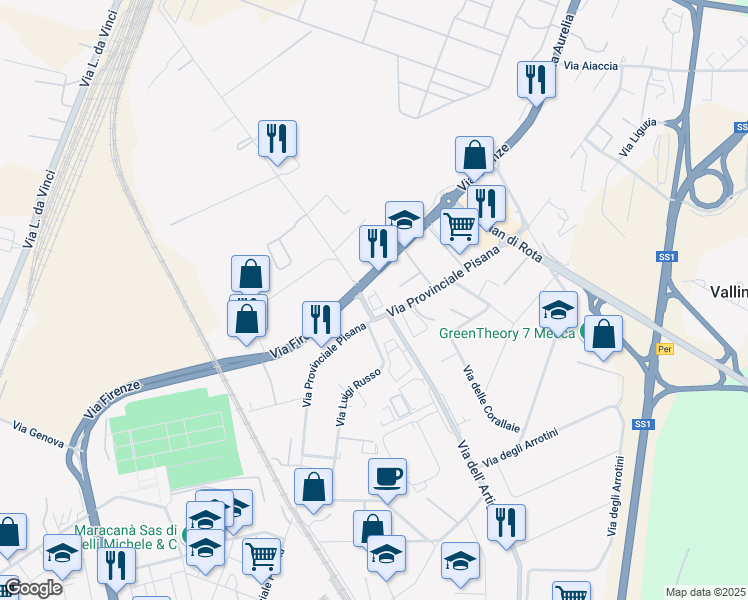 map of restaurants, bars, coffee shops, grocery stores, and more near 6 Via Nord in Livorno