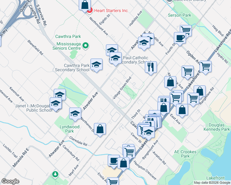 map of restaurants, bars, coffee shops, grocery stores, and more near 745 Village Green Boulevard in Mississauga
