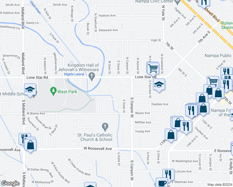 map of restaurants, bars, coffee shops, grocery stores, and more near 505 Fairwood Place in Nampa