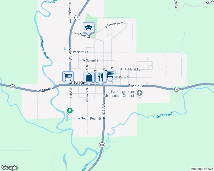 map of restaurants, bars, coffee shops, grocery stores, and more near State Route 82 East in La Farge