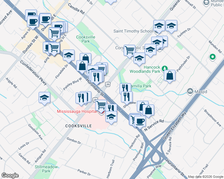 map of restaurants, bars, coffee shops, grocery stores, and more near 2247 Hurontario Street in Mississauga
