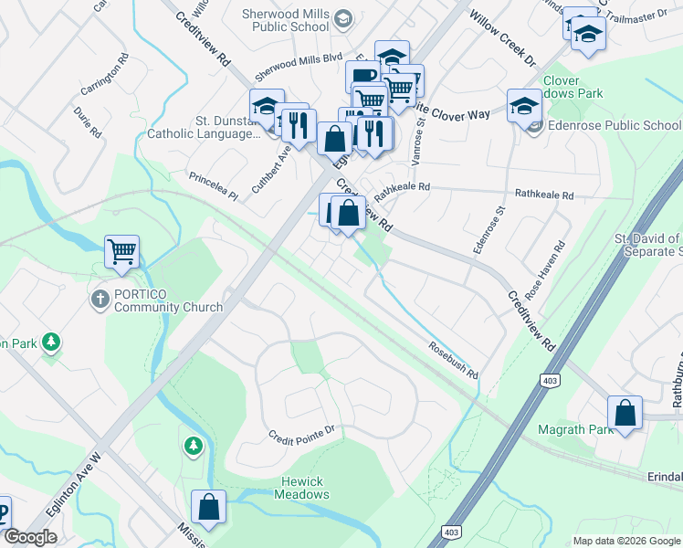 map of restaurants, bars, coffee shops, grocery stores, and more near 1588 South Parade Court in Mississauga