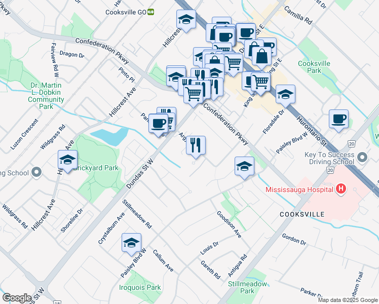 map of restaurants, bars, coffee shops, grocery stores, and more near 2570 Argyle Road in Mississauga