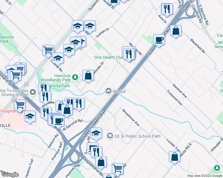 map of restaurants, bars, coffee shops, grocery stores, and more near 255 North Service Road in Mississauga