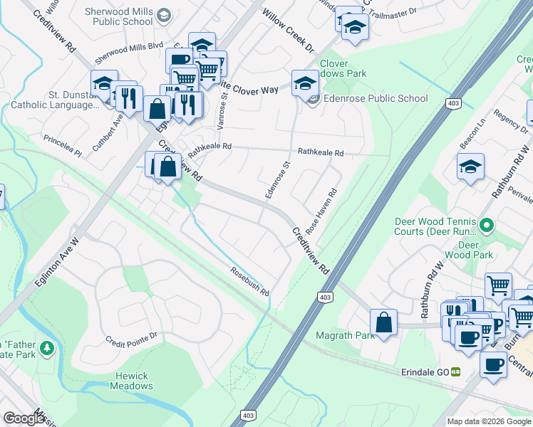map of restaurants, bars, coffee shops, grocery stores, and more near 1474 Rosemanor Drive in Mississauga