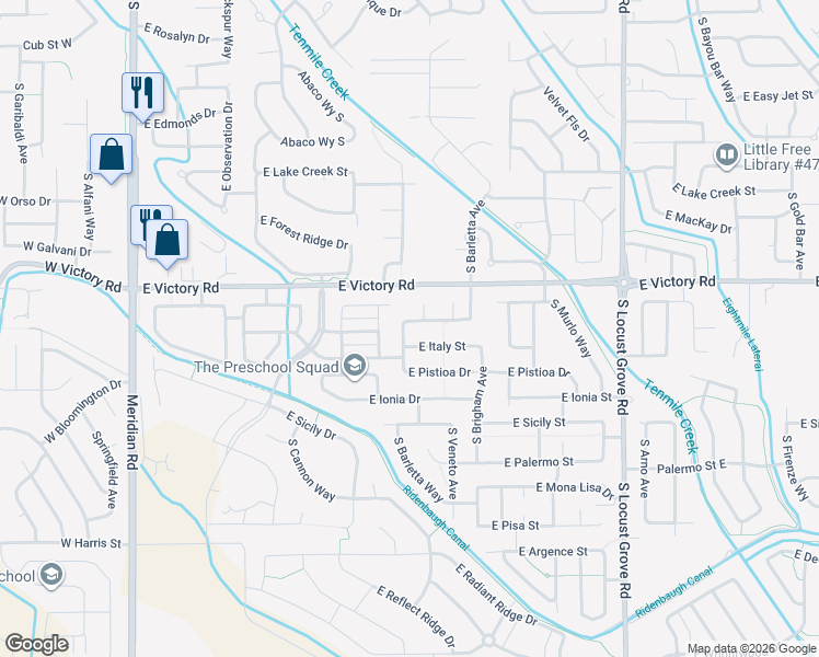 map of restaurants, bars, coffee shops, grocery stores, and more near 840 East Whiskey Flats Street in Meridian