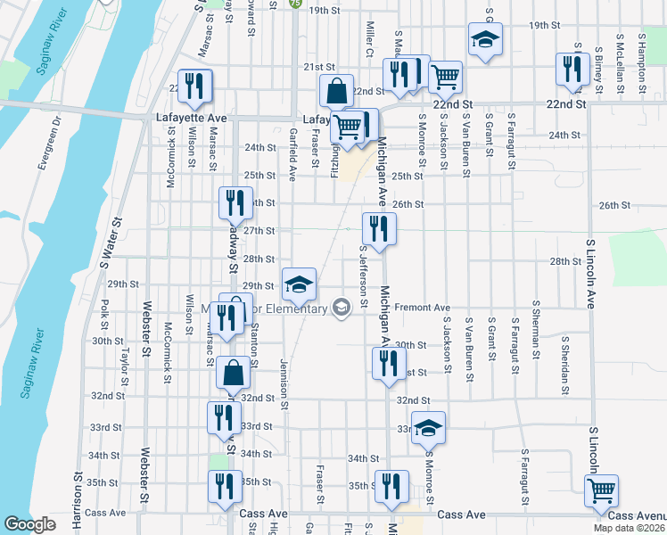 map of restaurants, bars, coffee shops, grocery stores, and more near 1098 29th Street in Bay City