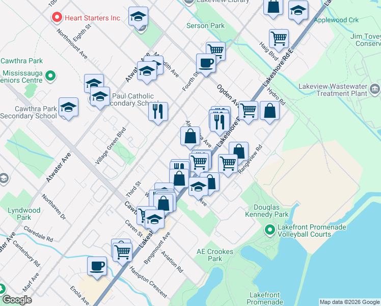 map of restaurants, bars, coffee shops, grocery stores, and more near 869 First Street in Mississauga