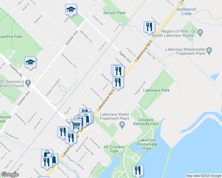 map of restaurants, bars, coffee shops, grocery stores, and more near 899 Lakeshore Road East in Mississauga