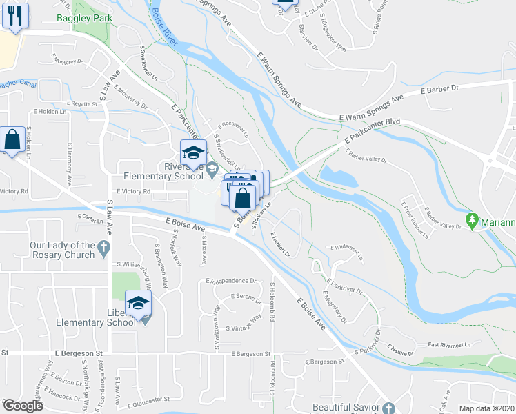 map of restaurants, bars, coffee shops, grocery stores, and more near 3047 South Bown Way in Boise