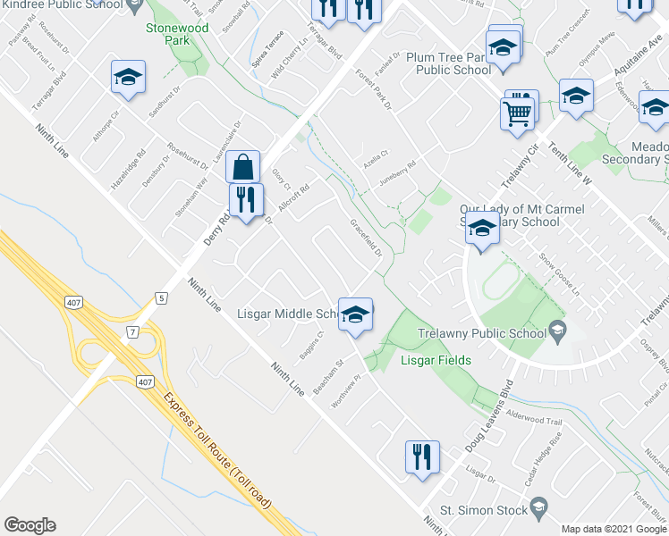 map of restaurants, bars, coffee shops, grocery stores, and more near 6879 Bansbridge Crescent in Mississauga