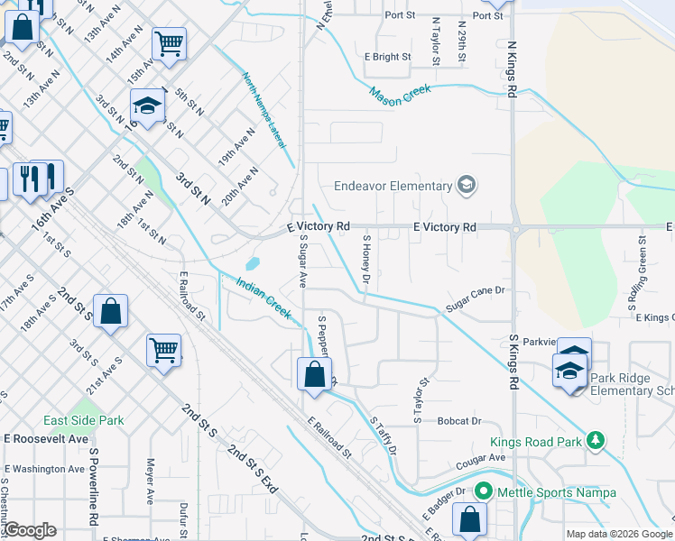 map of restaurants, bars, coffee shops, grocery stores, and more near 9 South Honey Drive in Nampa