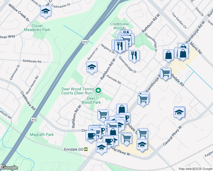 map of restaurants, bars, coffee shops, grocery stores, and more near 4144 Lastrada Heights in Mississauga