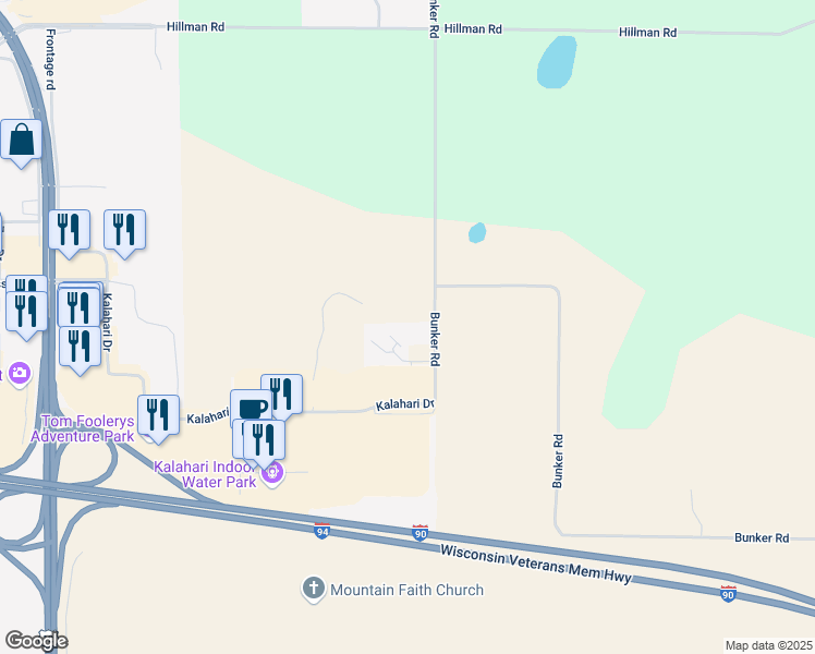 map of restaurants, bars, coffee shops, grocery stores, and more near 1197 Bunker Drive in Baraboo