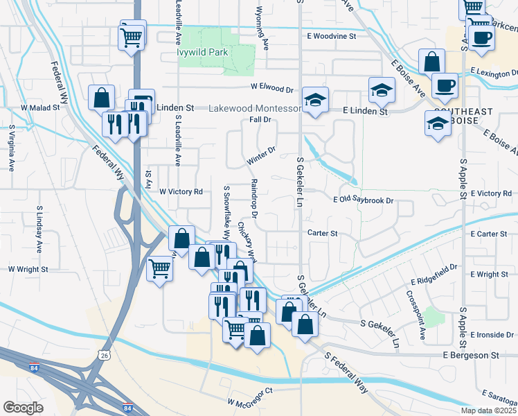 map of restaurants, bars, coffee shops, grocery stores, and more near 3008 Lakewood Way in Boise