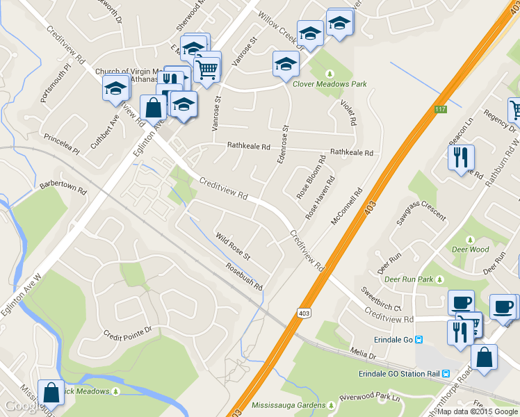 map of restaurants, bars, coffee shops, grocery stores, and more near 1474 Rosemanor Drive in Mississauga