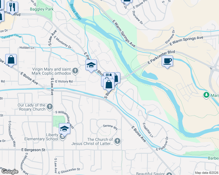 map of restaurants, bars, coffee shops, grocery stores, and more near 3083 South Bown Way in Boise