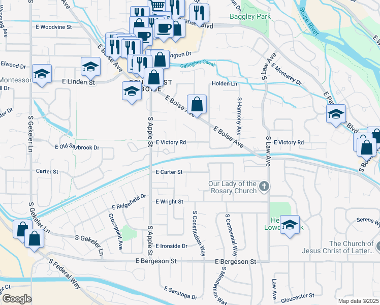map of restaurants, bars, coffee shops, grocery stores, and more near 1063 East Victory Road in Boise