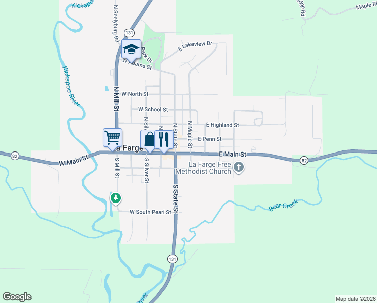 map of restaurants, bars, coffee shops, grocery stores, and more near 101 North Maple Street in La Farge